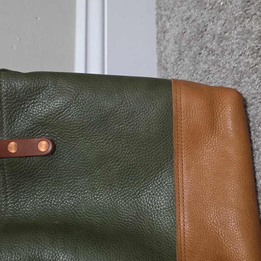 KMM & Co Leather Italian Green and Tan Mini Panel Tote Colorblock - Picture 2 of 10